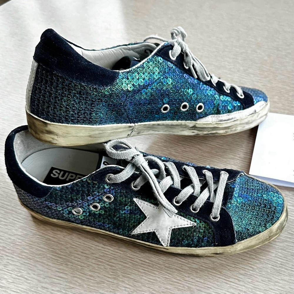 GOLDEN GOOSE Blue and Green Sequin Superstars Size 41